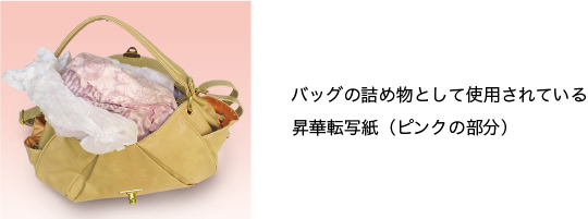 バッグの詰め物として使用されている昇華転写紙(ピンクの部分)